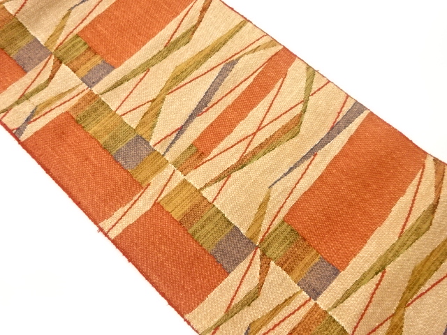 JAPANESE KIMONO / NAGOYA OBI / SILK / HAND WOVEN / MAWATA TSUMUGI / ABSTRACT STRIPE & GEOMETRIC PATTERN